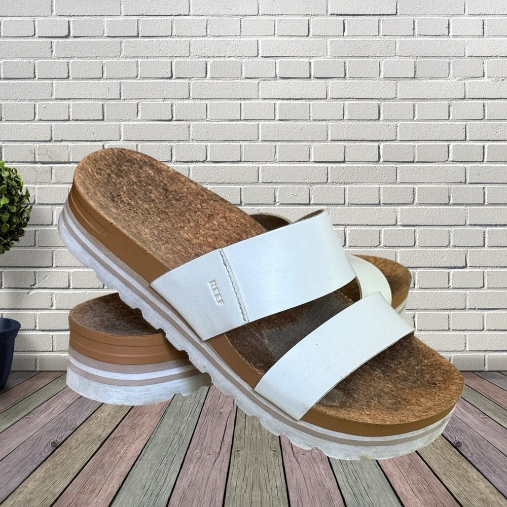 Reef Sandals White Vista Double Banded Platform Slide Sz 8 Womens Coastal Shoes